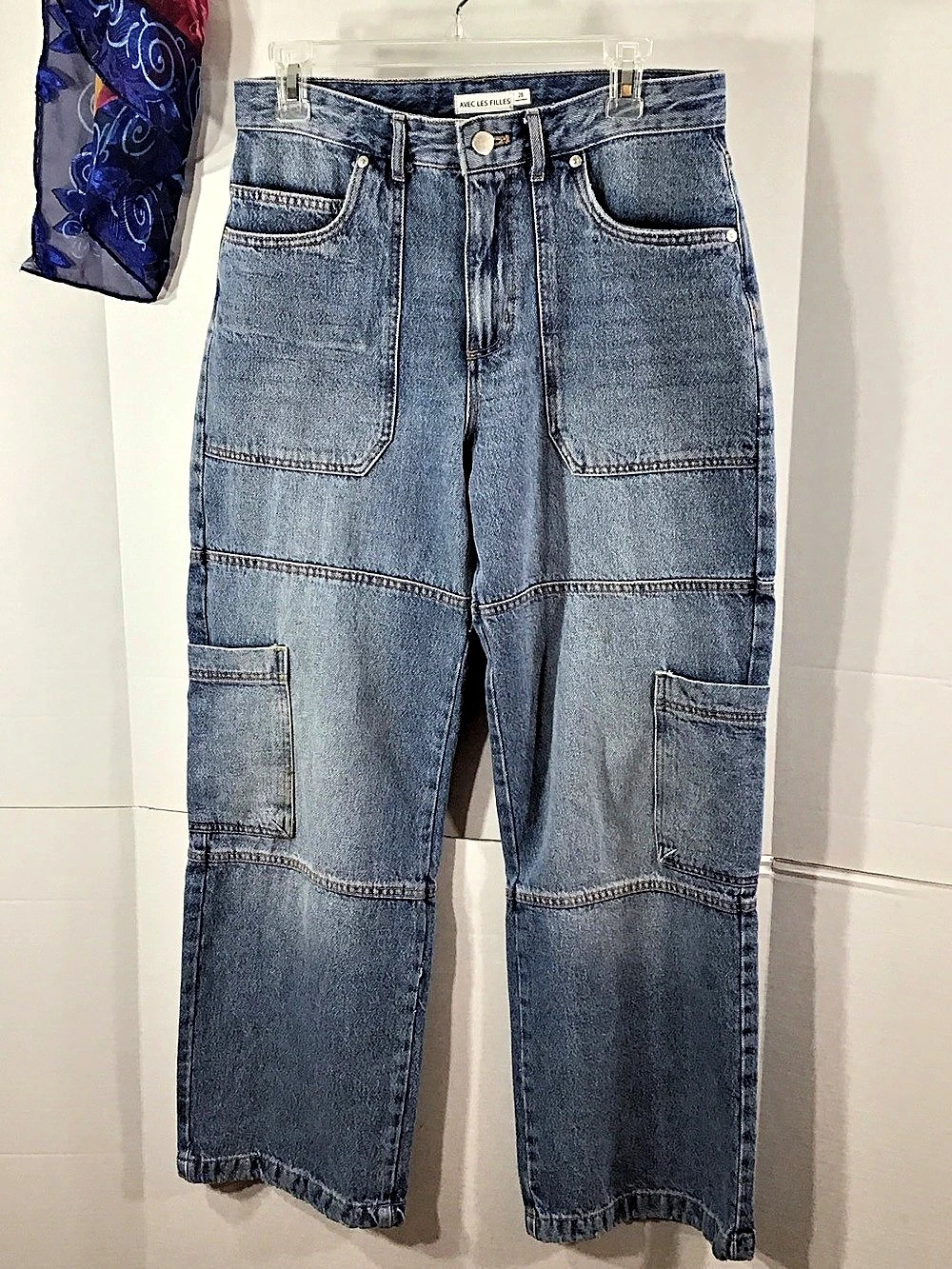 Avec Les Filles High-Rise Cargo Jeans Blue 83144 utility 28